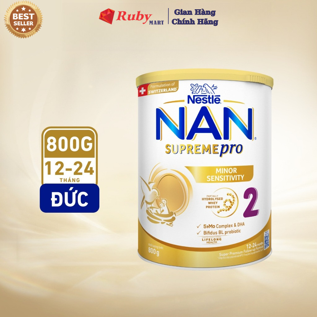 Sữa bột Nestle NAN SUPREMEPRO 2 800g nhập khẩu Đức vớivới đạm Whey thủy phân 1 phần 5HMO hỗ trợ triệu chứng mẫn cảm