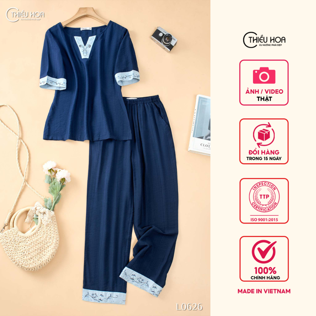 Đồ bộ trung niên thiết kế truyền thống cổ điển chất liệu Tơ Thái mềm mỏng thương hiệu Thiều Hoa DB4L0626