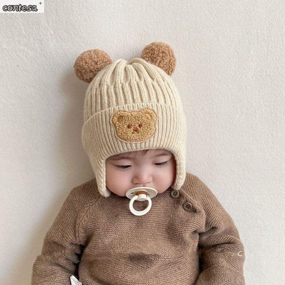 CONTESA Cartoon Bear Ear Protection Knitted Hat Wool Solid Color Baby