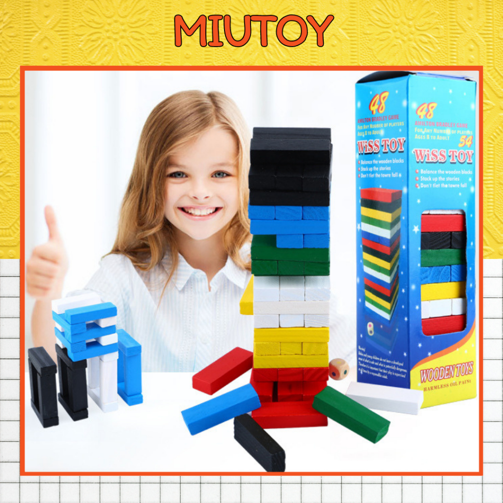Bộ đồ chơi rút gỗ 54 thanh đồ chơi xếp gạch xếp hình lắp ráp đa màu sắc