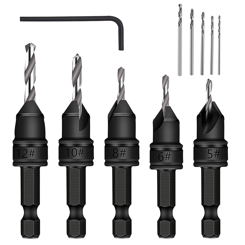 (IACY) 5-Piece Set of 3/8-Inch Quick-Change 82° Chamfer Adjustable Drill Bits,HSS Wood Drill Bits Sink Hole Drilling Tool Kit