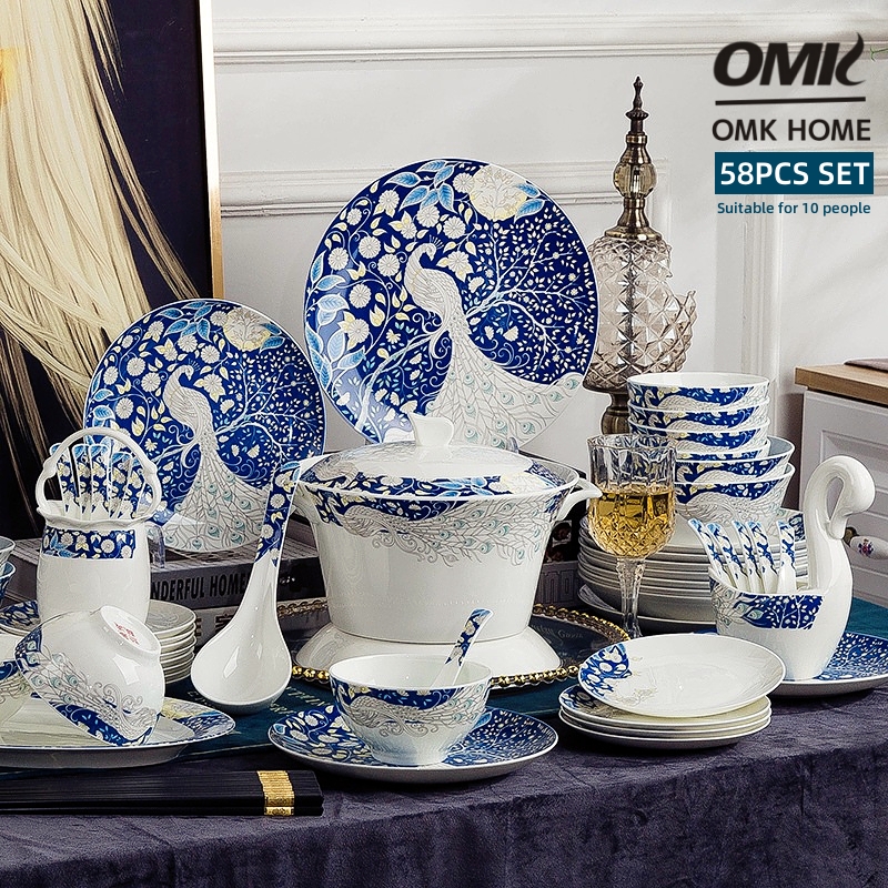 OMK 58PCS European luxury style Bone China Tableware Set Party tableware suitable for 10 people Dinner Plate Set bowl ราคา 13,027 บาท*ส่งฟรี