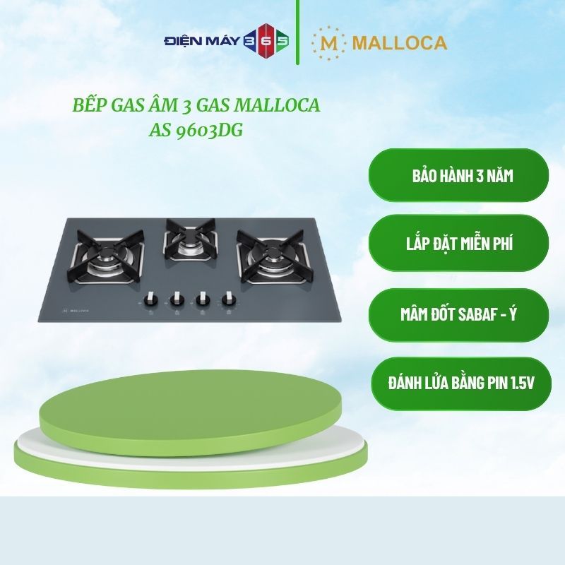 Malloca AS 9603DG – Bếp gas âm 3 vùng nấu – Mặt kính cường lực xám – Mâm đốt Sabaf – STM