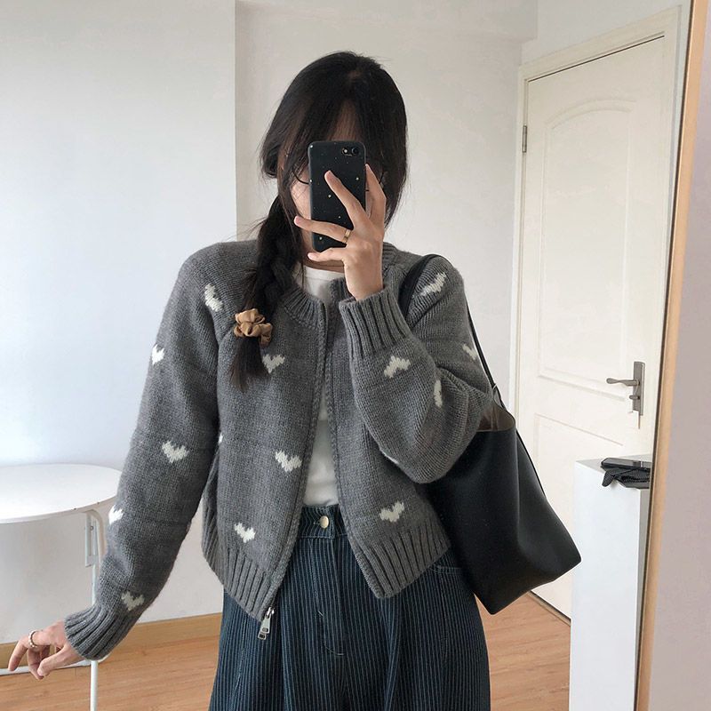 Thời trang trái tim Jacquard Áo cardigan dệt kim của phụ nữ mùa thu và mùa đông phong cách Hàn Quốc 