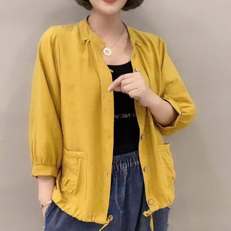 Cotton and Linen Solid Color Cardigan Small Coat Stylish High-end Outerwear Sun Protection Mother's Top
