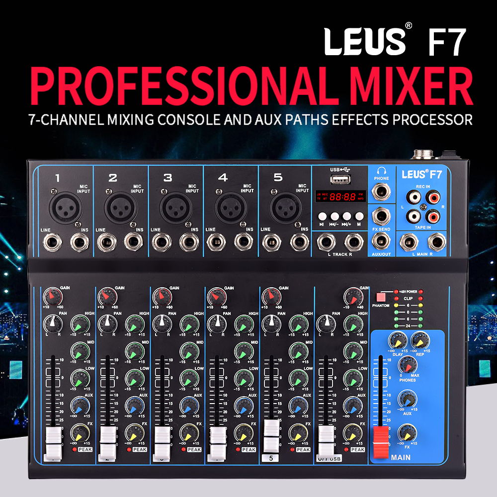 LEUS F7 Mixing Console Audio Interface Bluetooth USB Record PC 48V Phantom Power Delay Repaeat Effect 7 Channels Sound Mixer