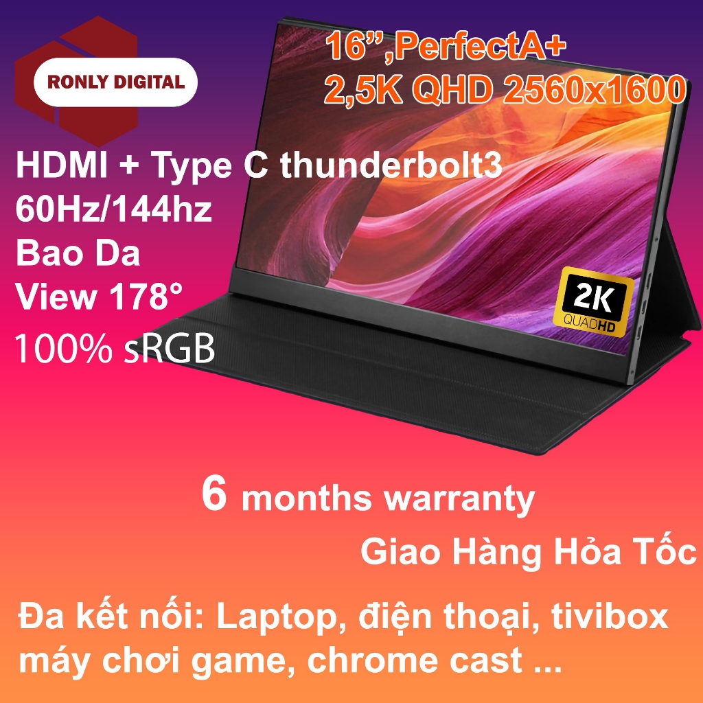 2025Màn Hình Di Động 16 inch, Option Cảm Ứng 2,5K - 4K, 100%SRGB, 60hz-144hz, Vi Tính, Mở Rộng, Rời,