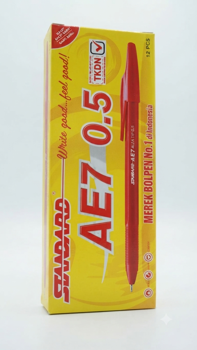(1 PACK / 12 PCS) BOLPEN STANDARD AE7 0.5 / PULPEN HITAM / BIRU / MERAH