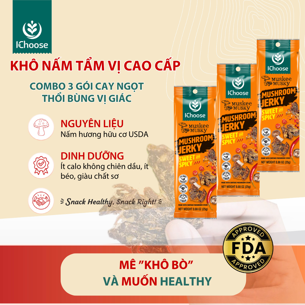 Combo 3 gói khô nấm tẩm vị cao cấp ICHOOSE Muskee vị cay ngọt, snack ăn vặt Healthy gói 25g x 3