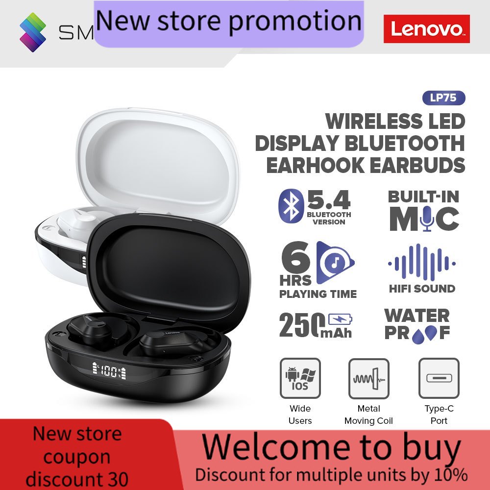 Lenovo ThinkPlus LP75 Sports Bluetooth Earphones with Mics Bluetooth 5.3 Wireless Headphones