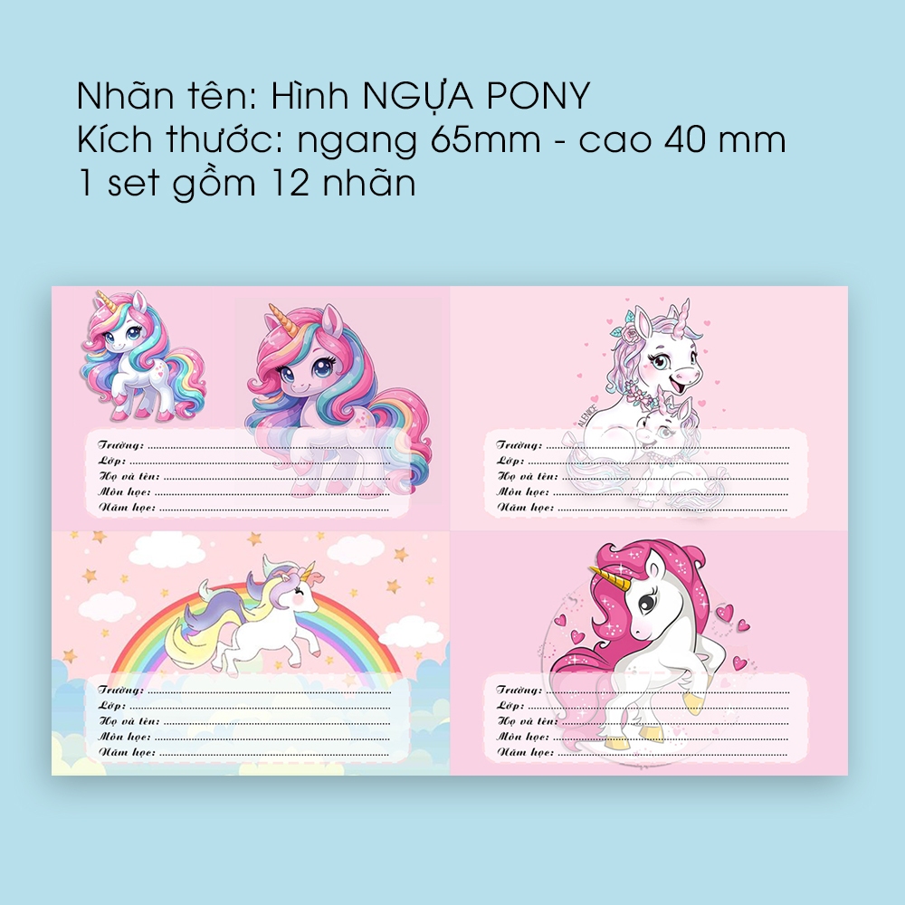 Set 20 Nhãn Vở Hình Ảnh Dễ Thương Mẫu NGỰA PONY - Gì Cũng In - Decal Chống Thấm Nước