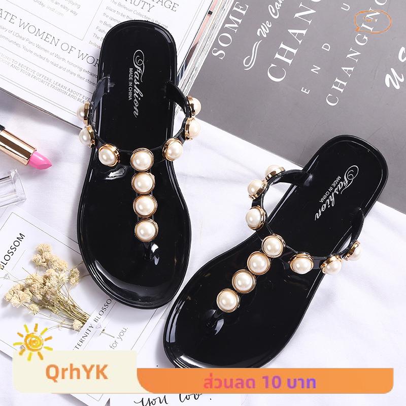 ส่วนลด 10 บาท ต่อ 1 ชิ้นขายแฟลช☆ รองเท้าแตะสำหรับผู้หญิงใช้ในบ้านชายหาดกันลื่นแบนลูกปัดทันสมัย ราคา 108 บาท*ส่งฟรี
