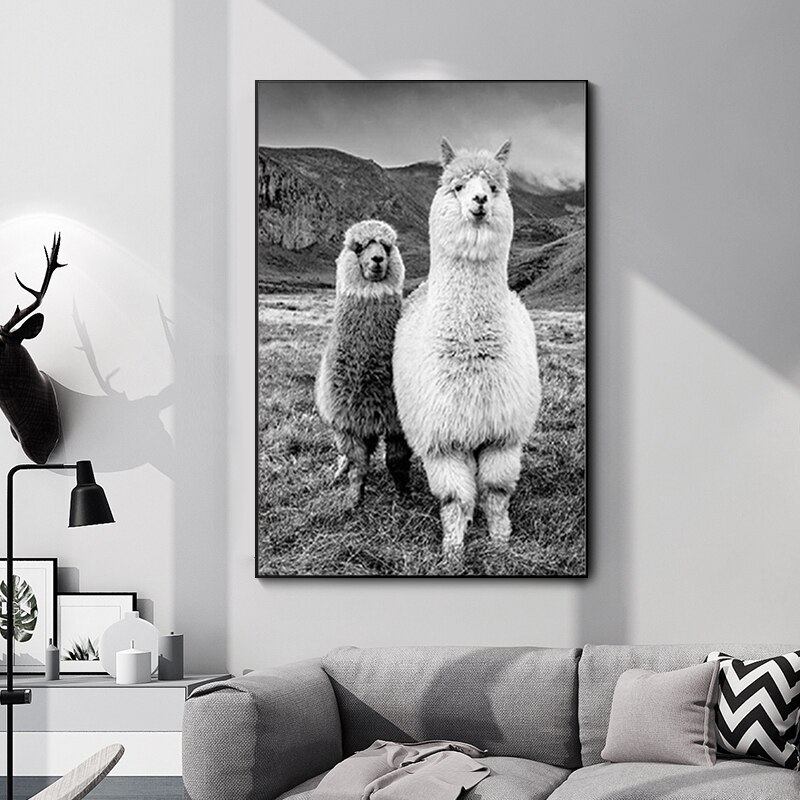 Hanxuelioo đen trắng Alpaca vải nghệ thuật tranh-Hiện đại in Áp phích tường nghệ thuật hình ảnh động vật trẻ em phòng trang trí nhà trẻ-không khung