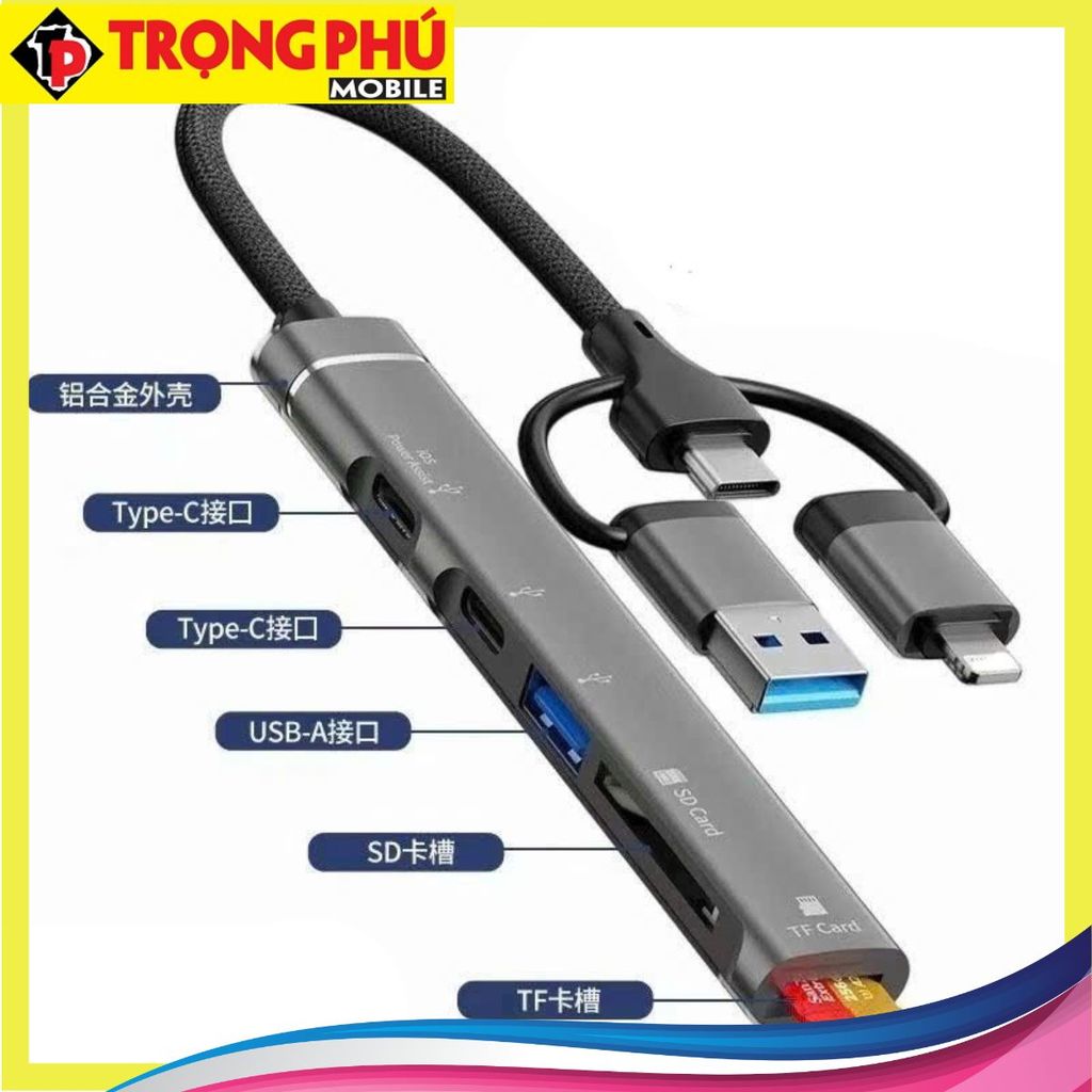 Cáp chuyển 3in1 3 đầu USB,TypeC,Lighting ra 5 cổng (USB,2TypeC,SD, TF) Online