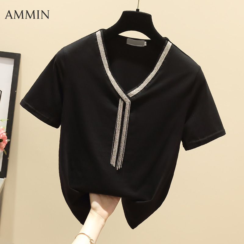 AMMIN Áo Thun Tay Ngắn Thiết Kế Cổ Chữ V Khâu Dây Xích Thời Trang Phong