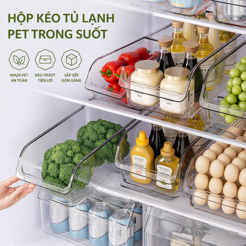 Hộp đựng thực phẩm ngăn kéo tủ lạnh nhựa trong suốt tiết kiệm diện tích chia ngăn đựng rau củ trứng lon tổ chức bếp