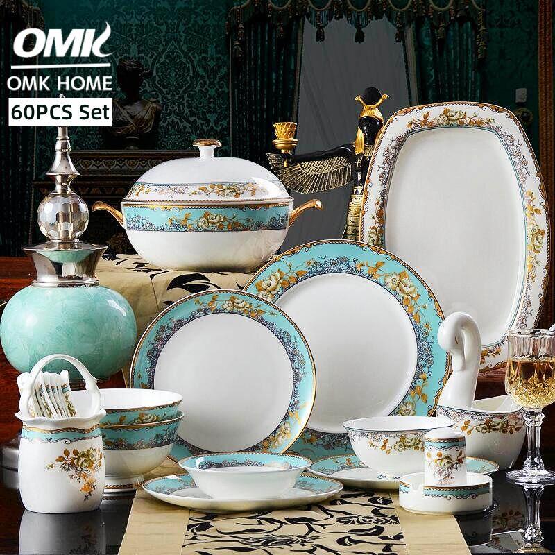 OMK 60PCS Set European Luxury style Bone China Party Tableware set Ceramic Dinner Plate Big soup bowl Suitable for 10 persons ราคา 10,947 บาท*ส่งฟรี