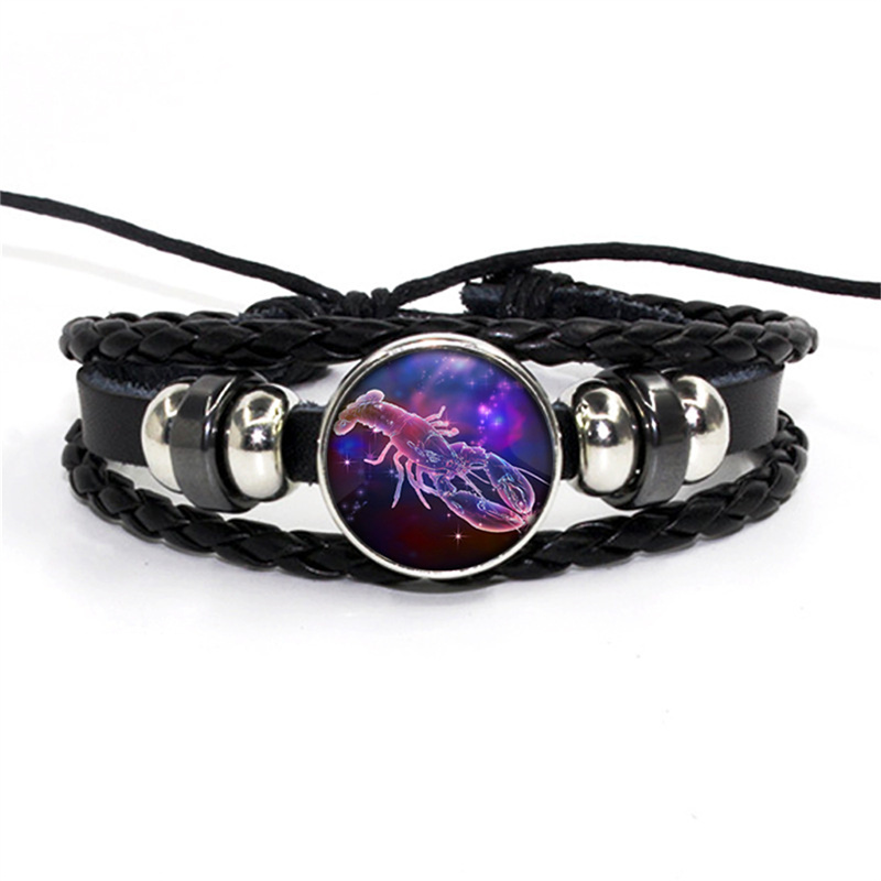 HealthyHavenN 12 Constellation Zodiac Sign Black Braided Leather Bracelet Woven Dome Jewelry Punk Bracelet