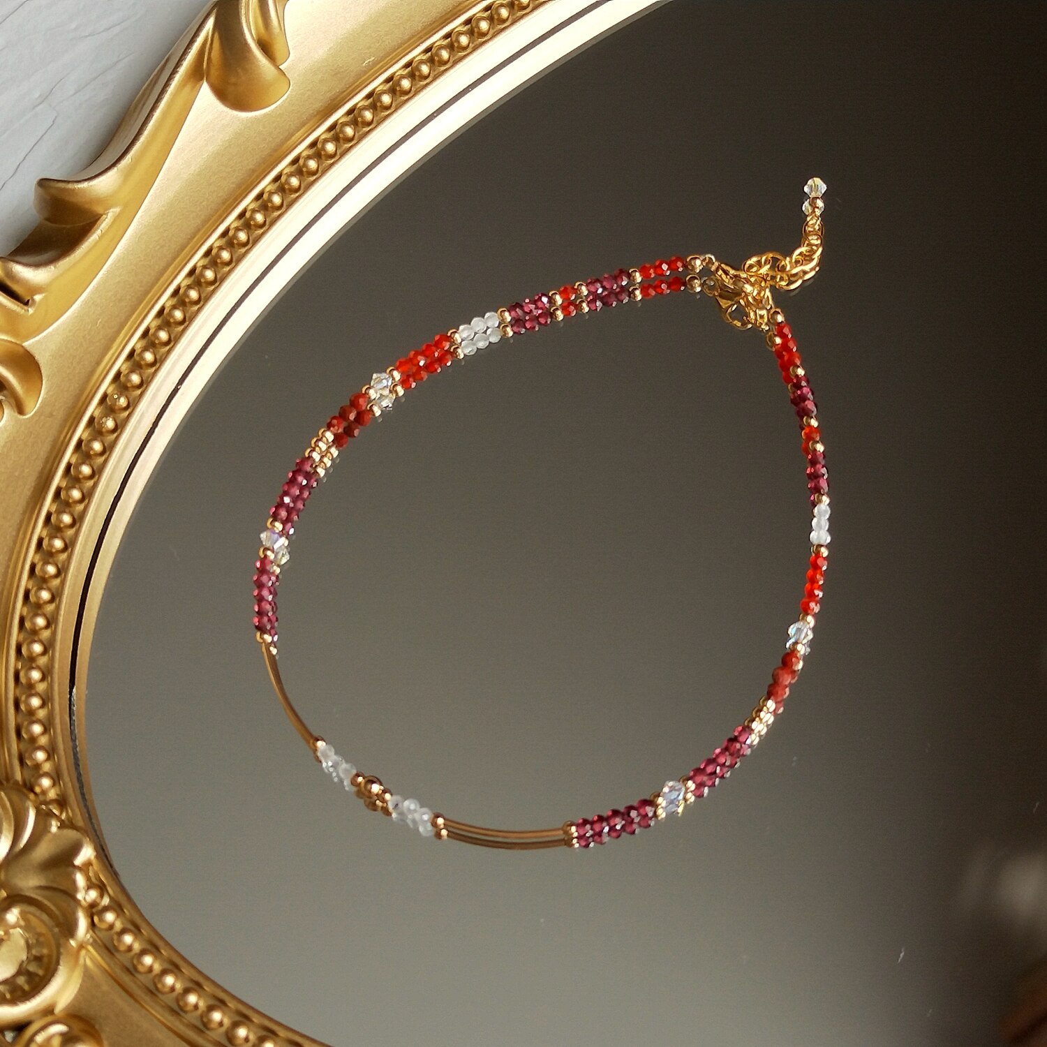 Lii Ji Carnelian Garnet Moonstone Đỏ jasper 14k đầy Vòng chân đính cườm 24 + 3cm pha lê trang sức thủ công cho phụ nữ Quà Tặng