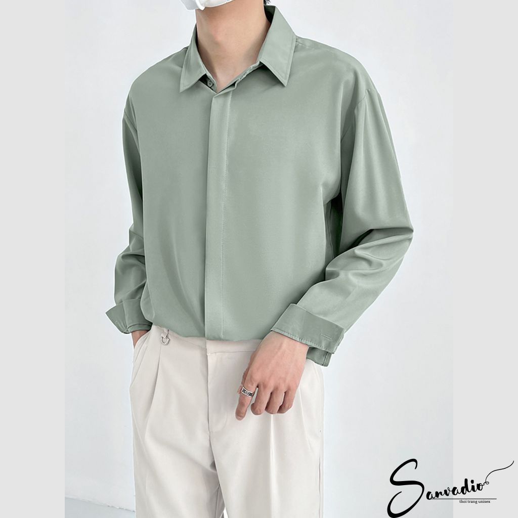 Áo sơ mi lụa nam nữ dài tay SANVADIO Giấu Cúc phong cách Hàn Quốc basic dễ phối đồ ASM41