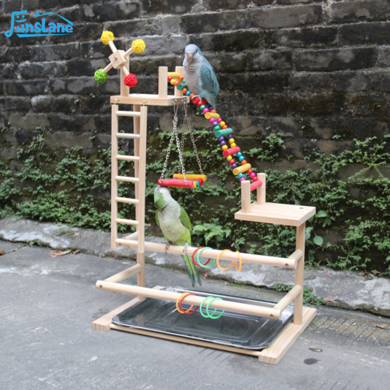 FunsLane Bird Playground Bird Perch Stand Wooden Exercise Perch Gym Stand With Ladder, Swings And Windmill Toys For Conures, Parakeets, Cockatoos & Lovebirds ราคา 825 บาท*ส่งฟรี