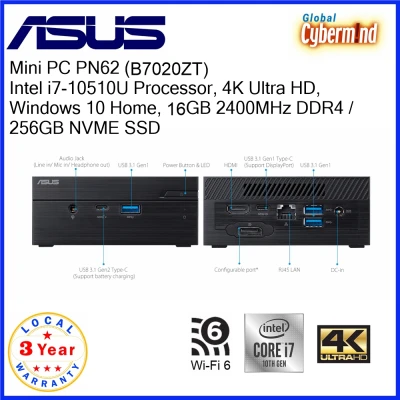 ASUS PN62 Series Mini PC PN62-B7020ZT i7-10510U, 16GB DDR4 RAM, 256GB NVME SSD, Wi-Fi 6, Windows 10 Home and USB-C Port