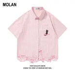 MOLAN Áo sơ mi ngắn tay kẻ ô thêu mèo dễ thương, áo rộng phong cách đại học thường ngày cho cả nam và nữ
