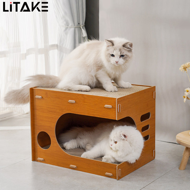 Cat Cardboard House Solid Wood Kitten Lounge Scratching Bed With Detachable Corrugated Board Breathable Cat Scratcher Box For Small Medium Large Cats ราคา 694 บาท*ส่งฟรี
