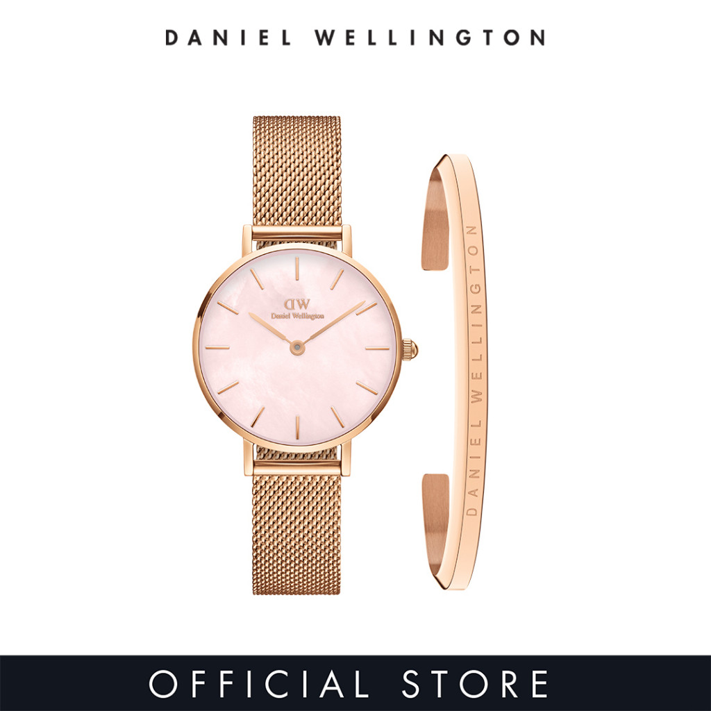 Daniel Wellington Gift Set - Petite 28mm Melrose Rose gold MOP + Classic Bracelet Rose gold Small - Watch + Jewelry Set for Female Gift for Women Birthday Annivesary