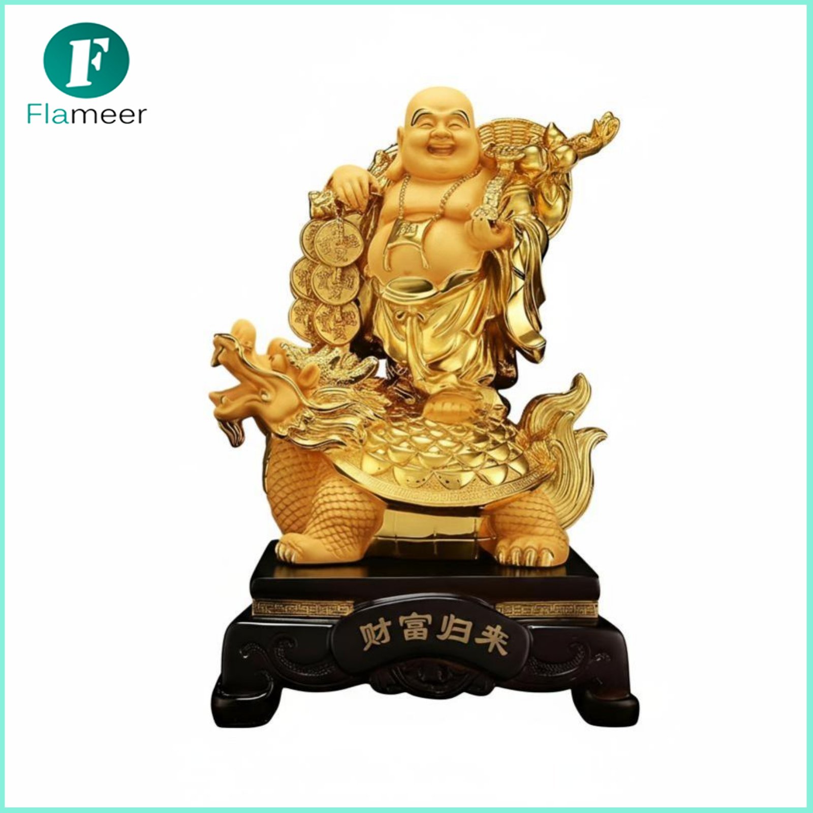 Flameer Resin Laughing Buddha Figurine Gold Maitreya Dragon Turtle Feng Shui Wealth Decor for Office Shop