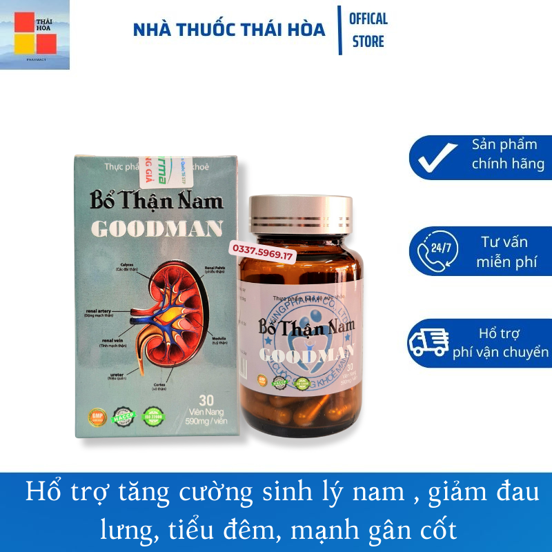Bổ thận nam GOODMAN - Tăng cường chức năng sinh lý nam - Giảm tiểu đêm, đau lưng - Tráng dương bổ thận - Hộp 30 viên