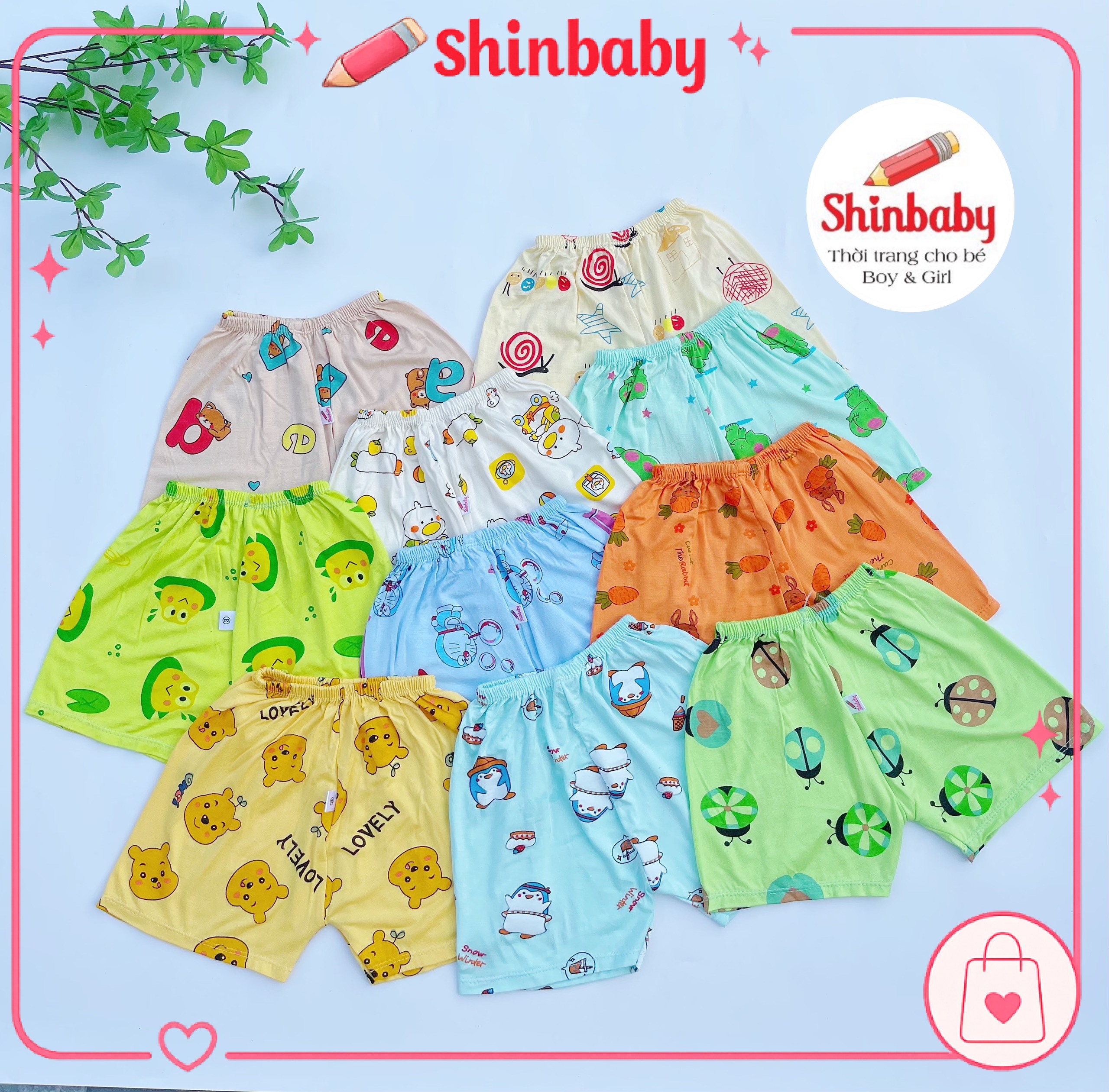 Set 10 quần đùi thun lạnh siêu mềm mát lịm nhiều hình in xinh xắn cho bé