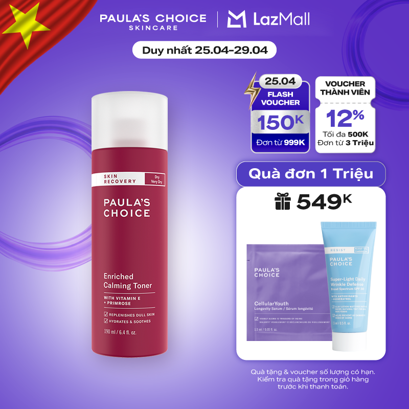 Nước hoa hồng Cân Bằng Phục Hồi Độ Ẩm Cho Da khô Paula’s Choice Skin Recovery Enriched Calming Toner 190ml 1250
