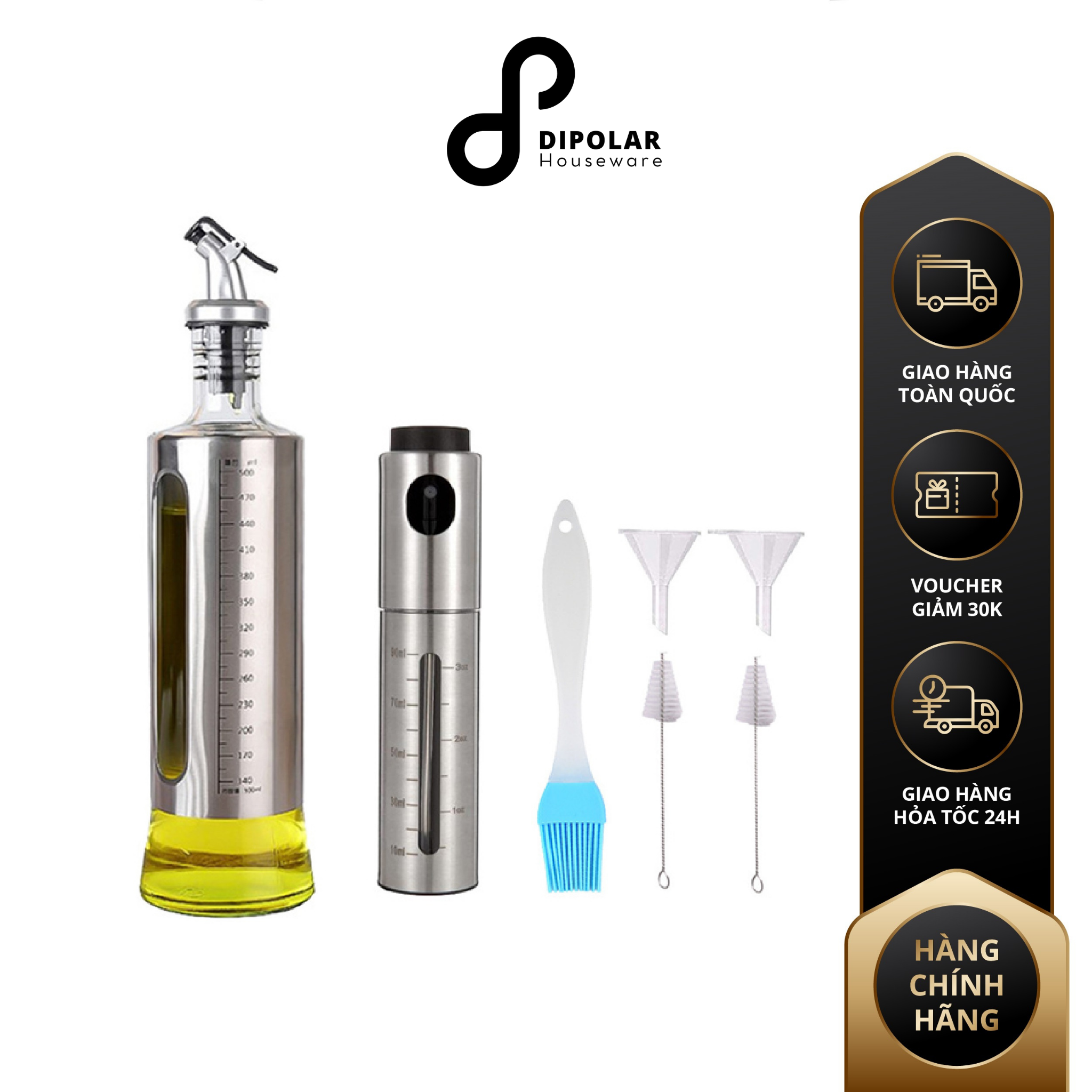 Chai đựng dầu ăn nước mắm 500ml thủy tinh dipolar bình xịt dầu inox cao cấp 90ml combo 2 chai kèm phễu và cọ rửa - dcdd01