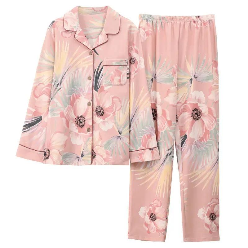 Ready stock）2025 new pajamas 100% cotton long-sleeved cardigan pajamas set women's autumn jacket home wear