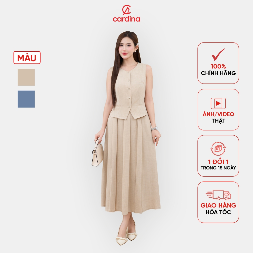 Bộ đồ nữ CARDINA chất liệu đũi Hàn áo gile phối chân váy xếp ly 5BDD01