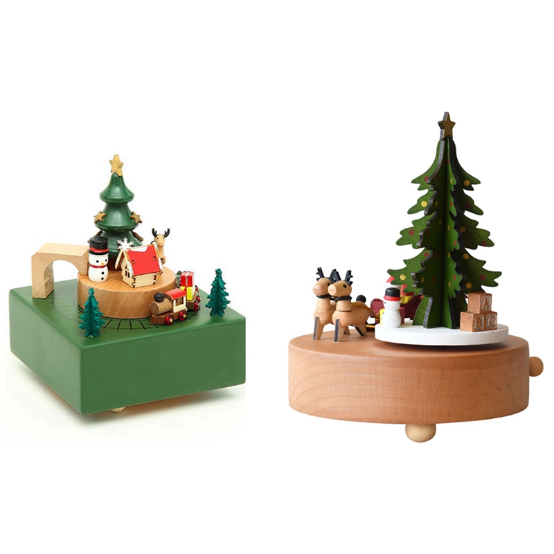 2 Pcs Christmas Music Box, Wooden Music Box Christmas Tree Girl Musical Box,14.6X11Cm & 15X11Cm