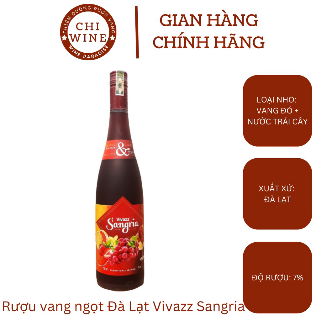 Vang trái cây đỏ Đà Lạt Vivazz Sangria Red Wine 7% ALC chai 750ml