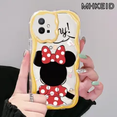 MHKEID Casing Ponsel untuk vivo y55 y75 5G y55s 2023 y33s 2023 y33e y52t y30 t1 5G iqoo z6 Case pelindung TPU silika Hp lensa kamera Casing pinggiran bingkai krim Cases pola Minnie lucu lunak tahan Kesing guncangan Softcase