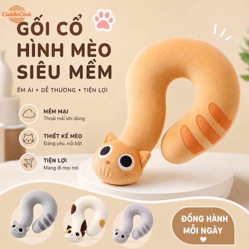 CuddleCove gối tựa đầu gối kê cổ hình mèo bông nhồi mềm êm đàn hồi giảm mỏi dùng xe hơi văn phòng