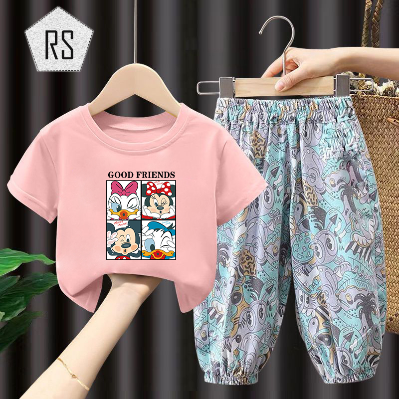 REALSELF เสื้อผ้าเด็กผญ เสื้อเด็กหญิง การพิมพ์ลวดลายการ์ตูน เสื้อแขนสั้นผ้าฝ้ายคอกลม + กางเกงขายาวสำหรับเด็ก24323 ราคา 90 บาท*ส่งฟรี