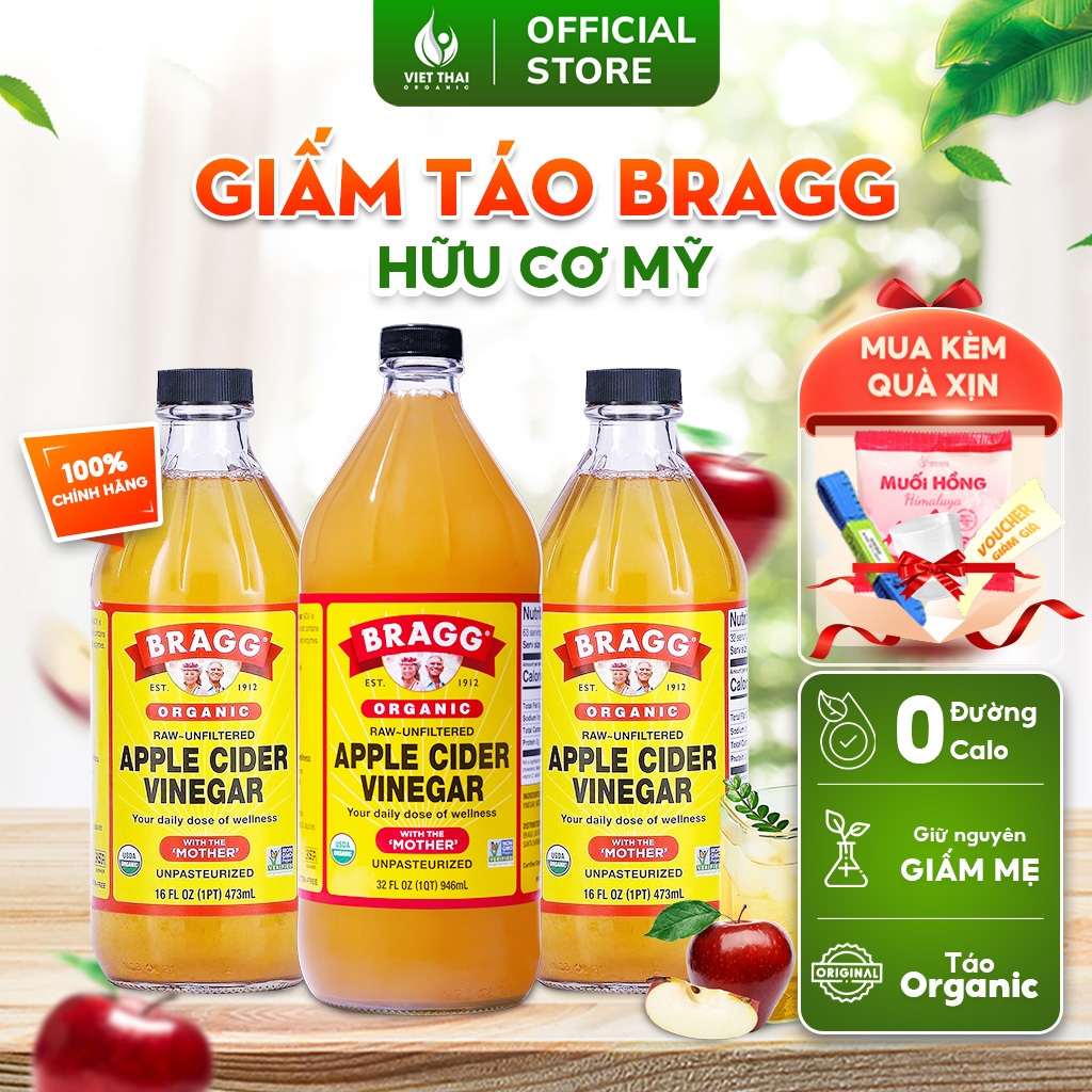 [CHÍNH HÃNG] Giấm Táo Bragg Có Giấm Cái - Dấm Táo Mỹ Giảm Cân Ăn Kiêng Eatclean (Việt Thái Organic)
