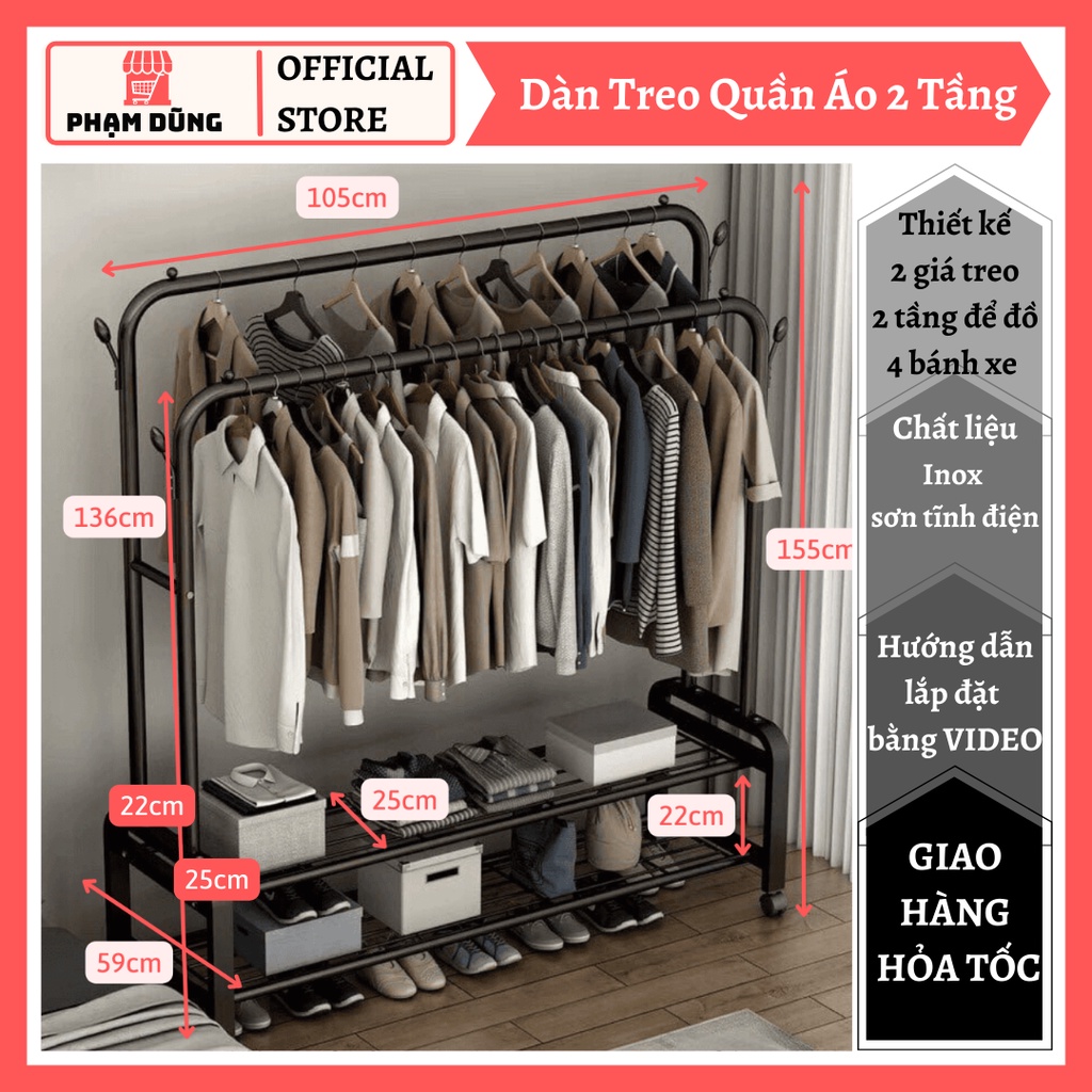 Giá Treo Đồ , Kệ Treo Quần Áo 2 Tầng Inox , Sào treo đồ đa năng