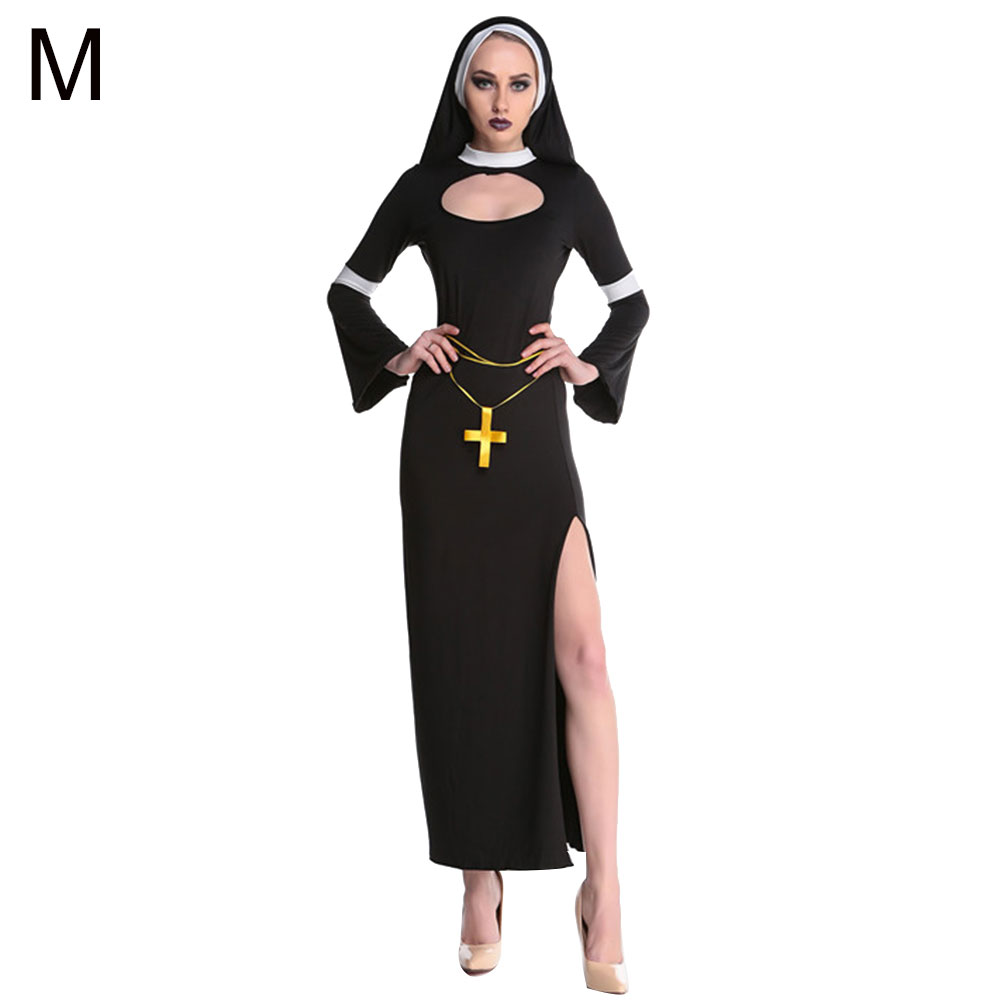 microgood Halloween Sexy Nun Women Adult Long Sleeves High Split Party