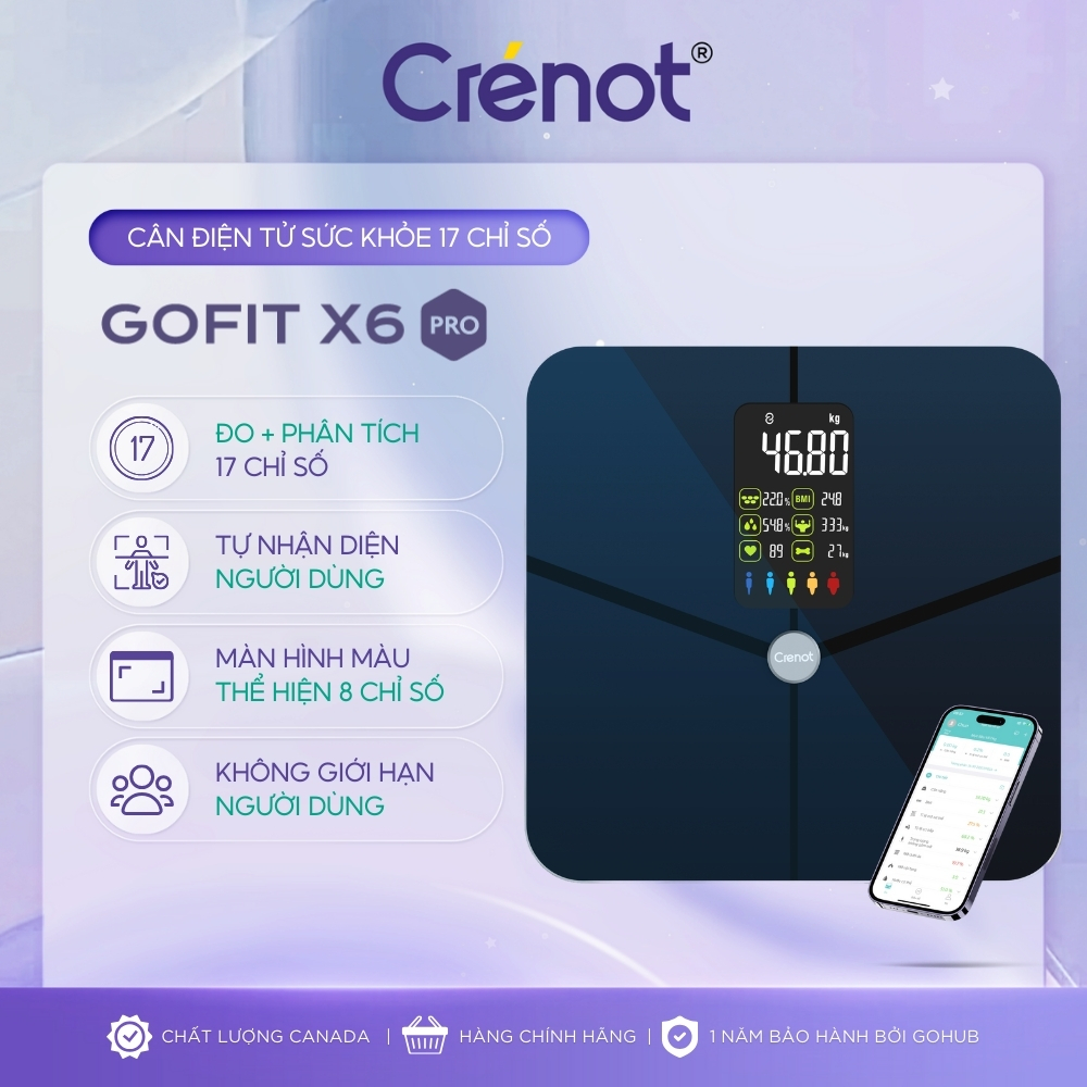 Cân điện tử sức khoẻ thông minh cao cấp Crenot Gofit X6 Pro đo 17 chỉ số cơ thể inBody mini phân tíc