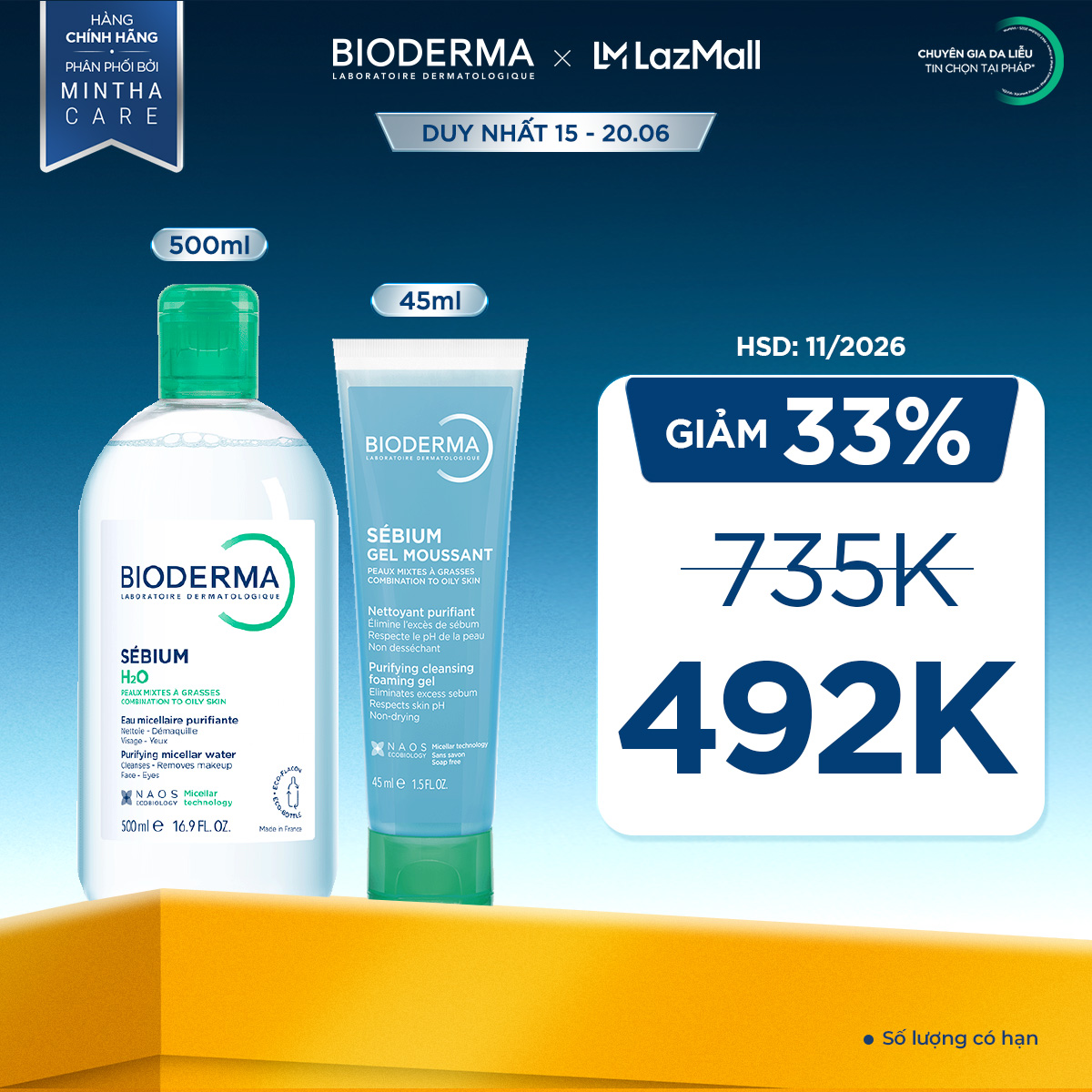 Bộ nước tẩy trang và làm sạch micellar cho da dầu, mụn Bioderma Sebium H2O 500ml và gel rửa mặt tạo bọt 45ml