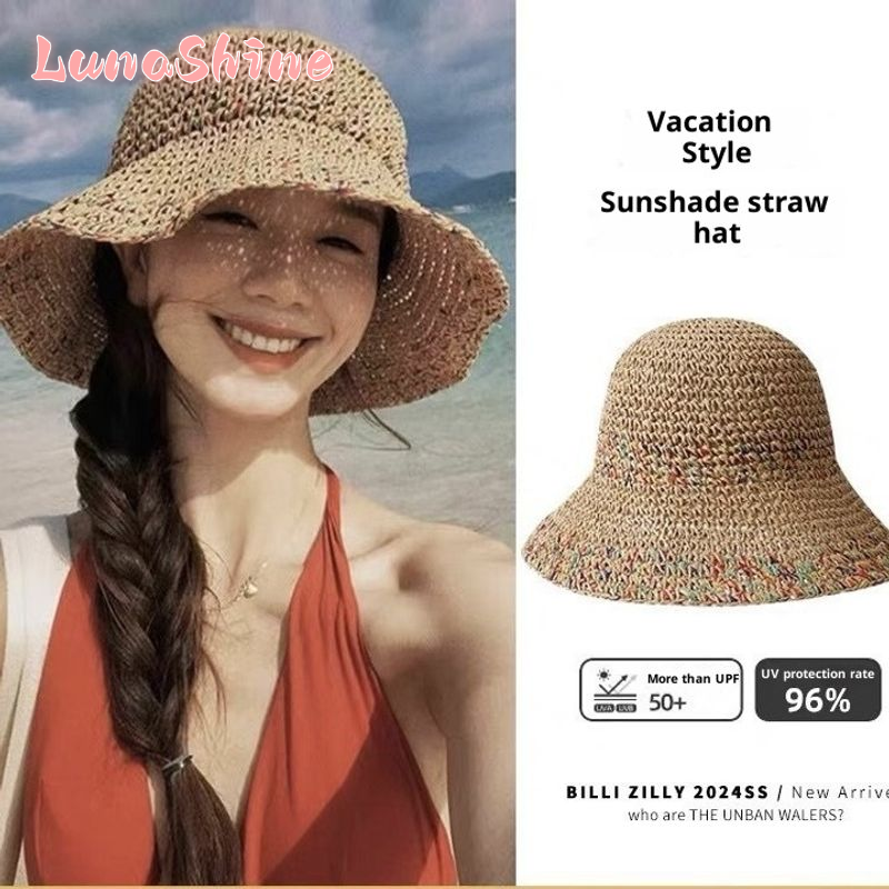LunaShine| Summer Beach Straw Hat for Women, Wide Brim Sun Protection UV50+ Vacation Style Adjustable Foldable Hat ราคา 52 บาท*ส่งฟรี
