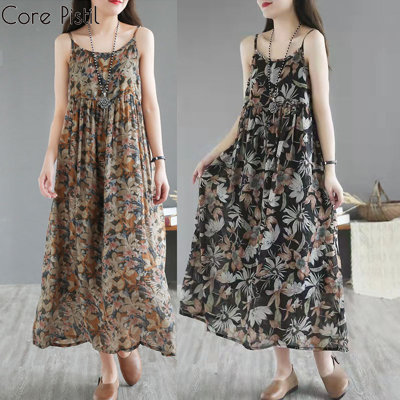 CORE Retro Floral Suspender Dress - Women's Casual Long Dress