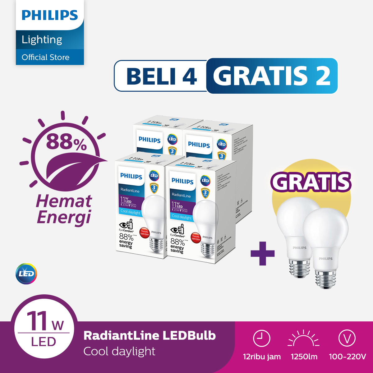 Philips Lights Buy 4 Get 2 Free Radiantline Ledbulb 11W White Lights Harga  148,470 rupiah*Gratis Ongkir