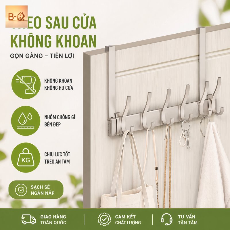 B-HQ móc treo cửa sau nhôm anod chống gỉ không khoan dán chắc giảm ồn gọn gàng treo áo khăn nhà bếp